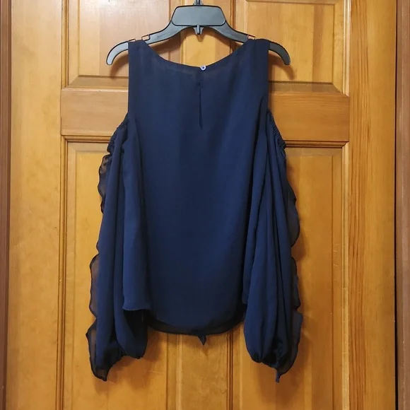 INC Macy's Navy Blue Ruffle Front Cold Shoulder Blouse, Size XS, EUC - Picture 2 of 5